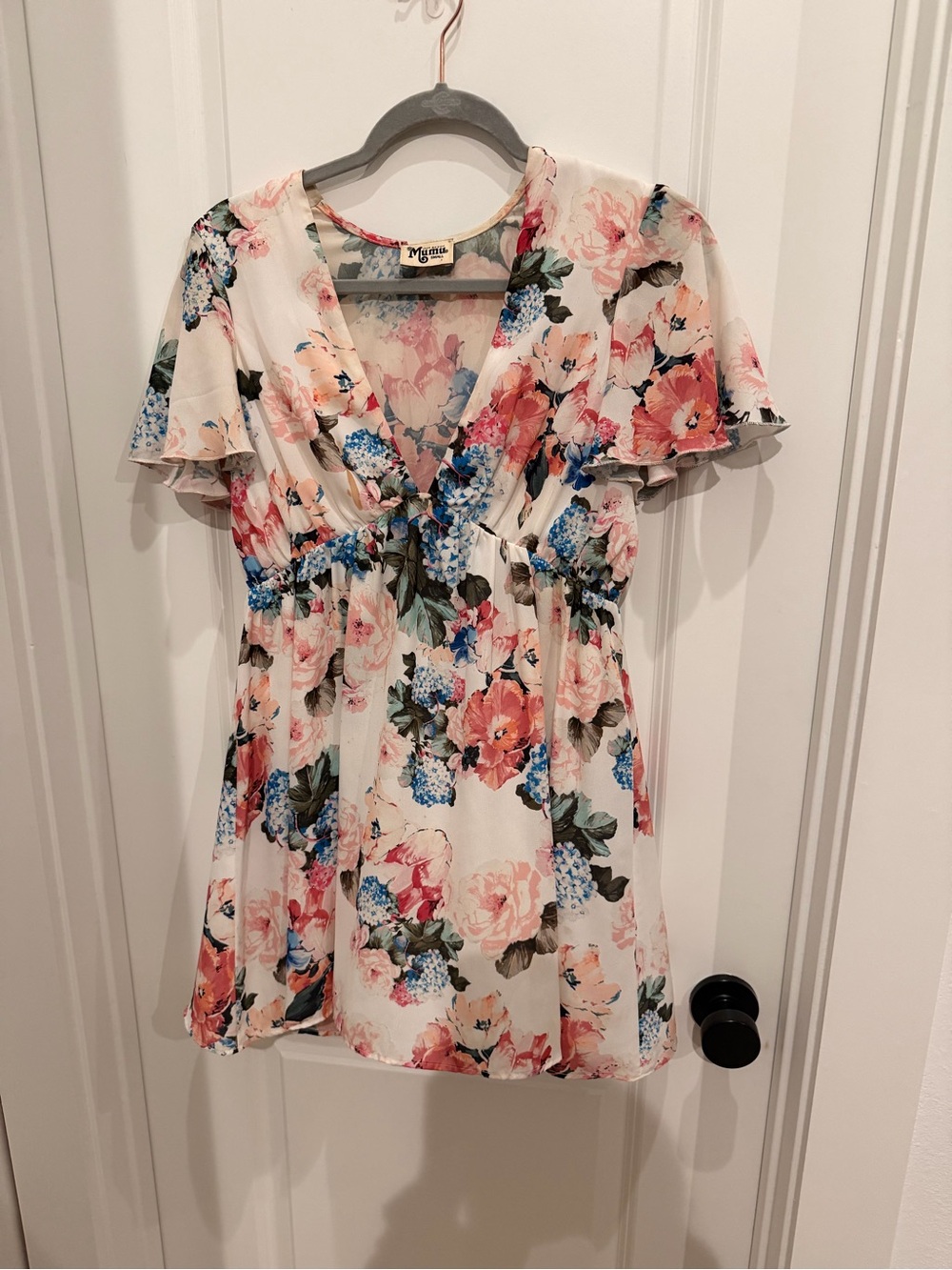 Show Me Your MuMu Floral V-Neck Mini Dress in Cream, Pink & Blue